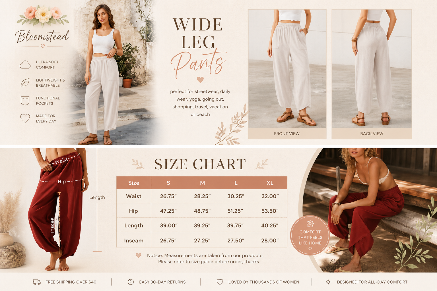 Bloomstead™ Women’s Wide Leg Palazzo Lounge Pants with Pockets
