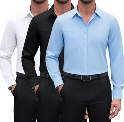 Bloomsteady The Breezer™ — 3-Pack Men's 4-Way Stretch Dress Shirt | Breathable Summer Business Casual | Long Sleeve Button Down